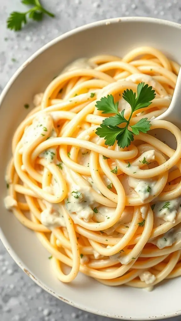 A bowl of fettuccine Alfredo topped with parsley, showcasing creamy pasta.
