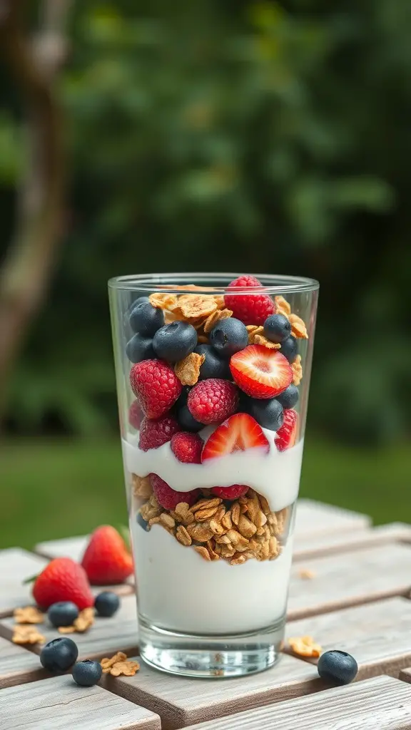A glass of berry parfait with layers of yogurt, granola, strawberries, blueberries, and raspberries.
