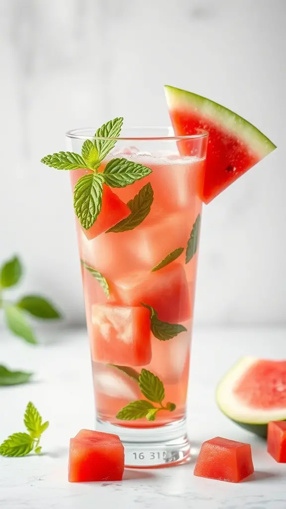 A refreshing glass of watermelon and mint juice with ice and mint leaves