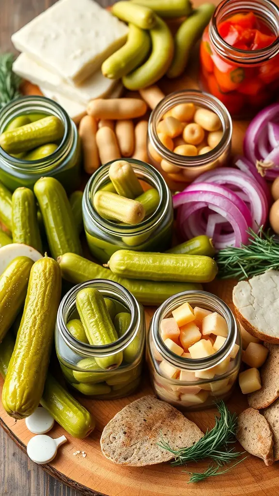 A variety of pickled items including green pickles, pickled onions, and sweet pickles arranged on a wooden board.