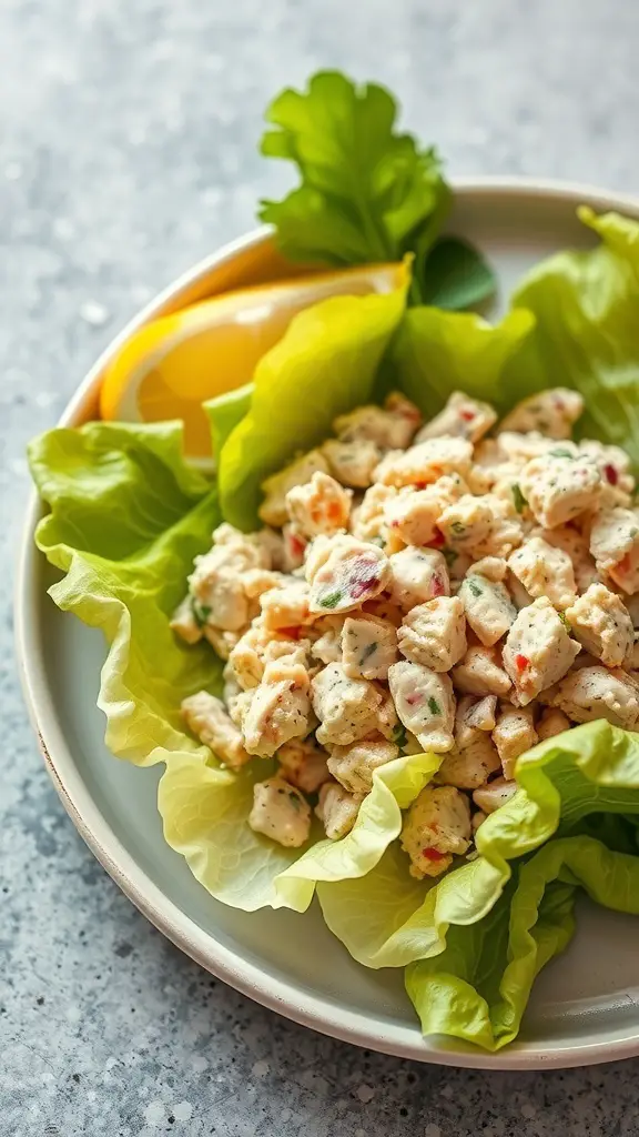 A plate of tuna salad served in lettuce wraps with lemon slices