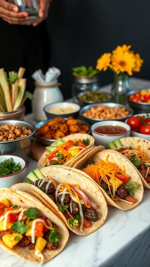 A colorful display of breakfast tacos with various toppings and ingredients.