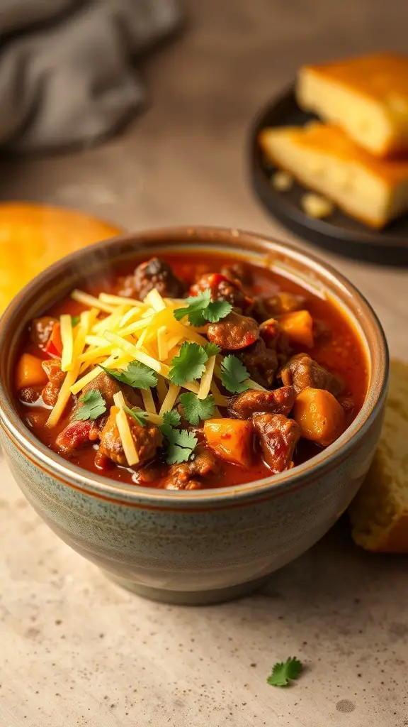 A bowl of classic chili con carne topped with cheese and cilantro, served with cornbread.