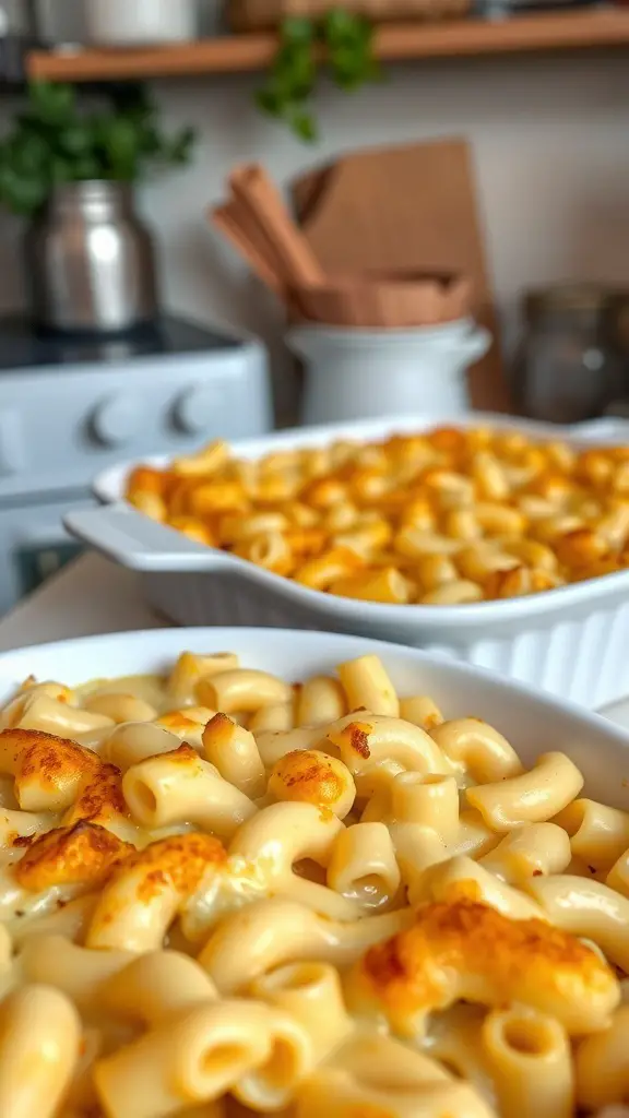 A close-up of baked macaroni and cheese in white dishes, showcasing creamy pasta topped with a golden crust.