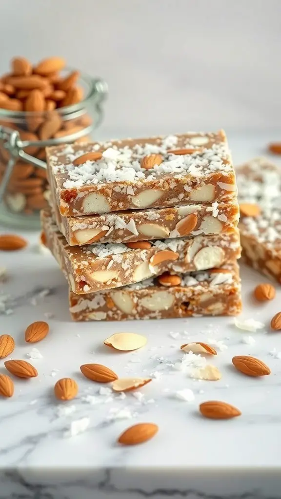 Almond Joy Energy Bars stacked with almonds scattered around