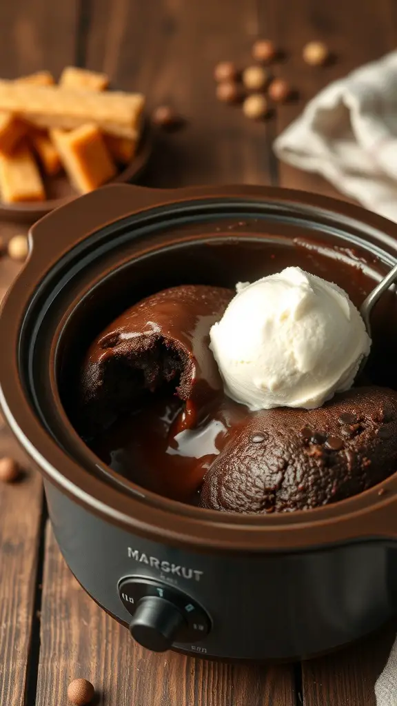 A mini crockpot filled with chocolate lava cake topped with vanilla ice cream.