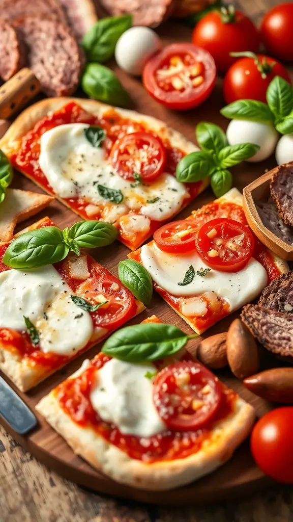 A classic Margherita pizza board featuring slices of pizza topped with mozzarella, tomatoes, and basil, alongside cherry tomatoes and mozzarella balls.