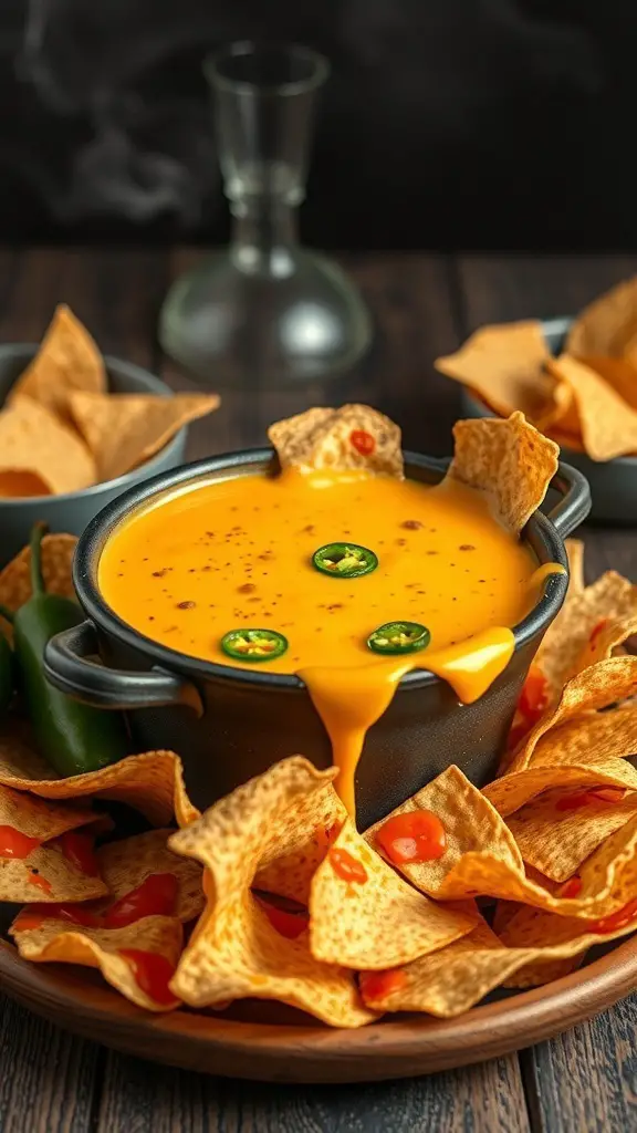 A pot of smoky chipotle cheese fondue surrounded by tortilla chips and jalapeños