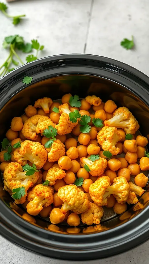 A crockpot filled with curried cauliflower and chickpeas, garnished with fresh cilantro.