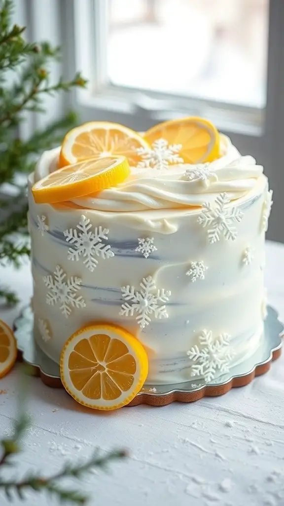 A beautifully decorated Lemon Winter Wonderland Cake with lemon slices and snowflake decorations.