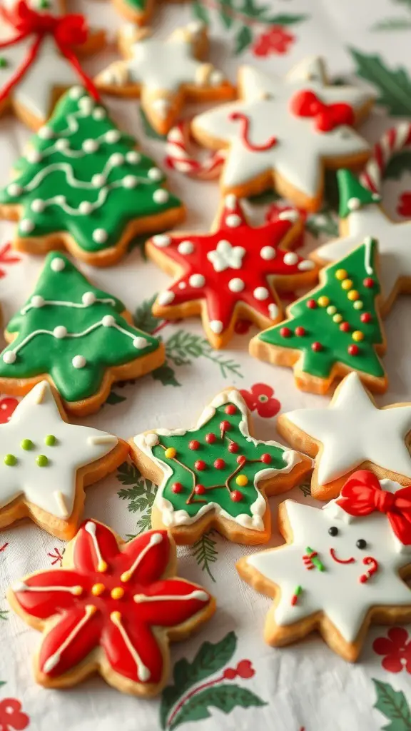 An assortment of decorated holiday sugar cookies in various shapes and colors