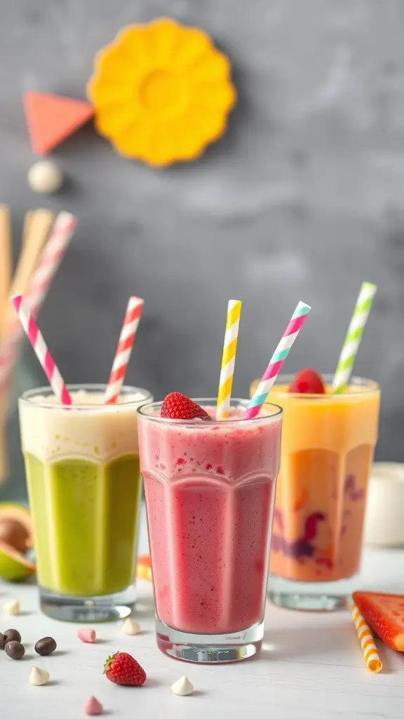 Three colorful smoothies in glasses with straws, featuring a green smoothie, a pink smoothie, and an orange smoothie.