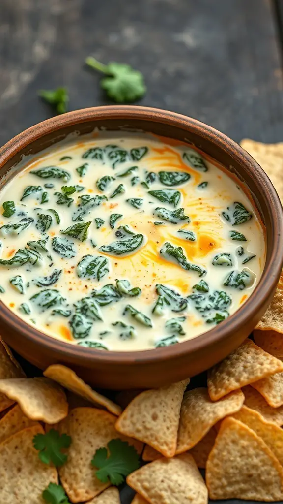 A bowl of creamy spinach and artichoke dip surrounded by tortilla chips