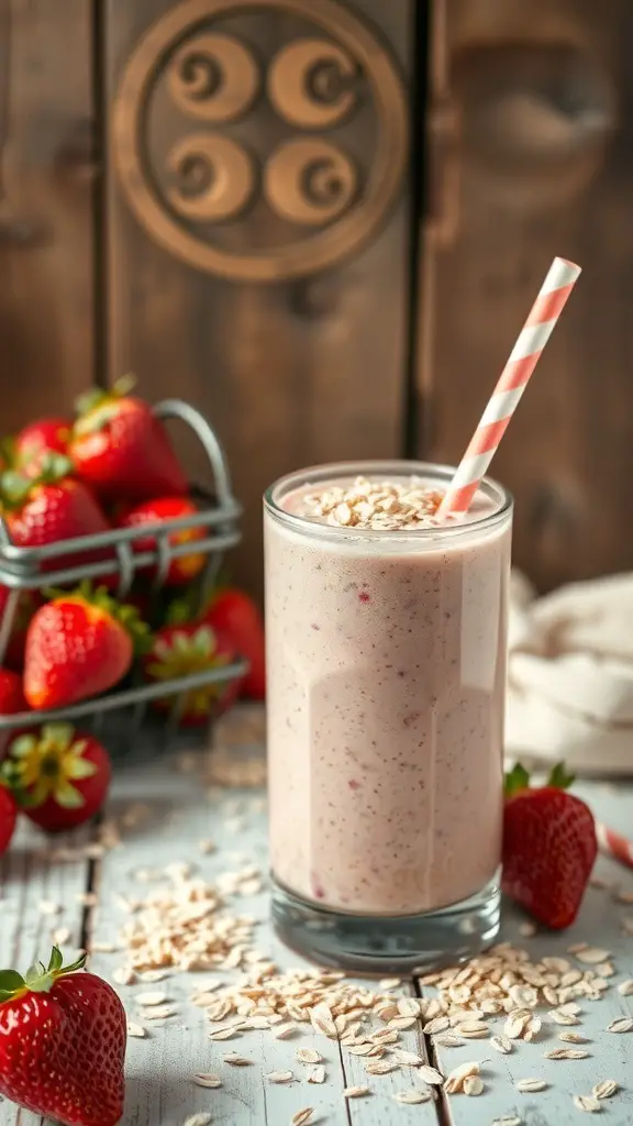 A glass of strawberry oatmeal smoothie with a striped straw, surrounded by fresh strawberries and oats.