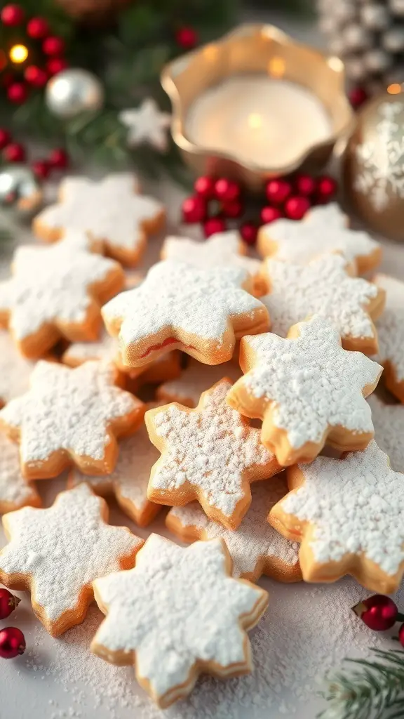 A plate of star-shaped Mexican Wedding Cookies dusted with powdered sugar, surrounded by festive decorations.