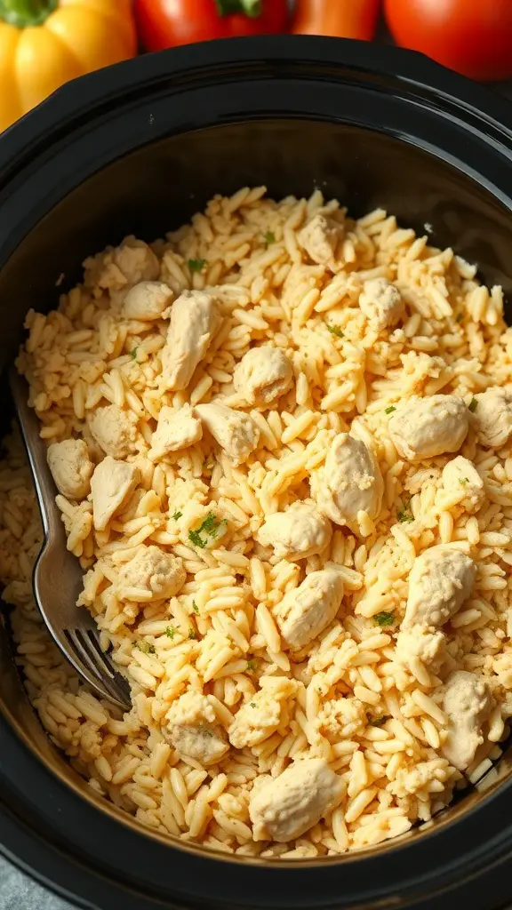 A creamy chicken and rice casserole in a crock pot, featuring tender chicken pieces and fluffy rice.