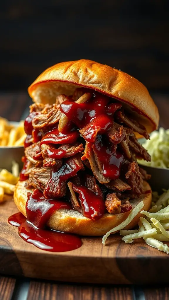A delicious BBQ pulled pork sandwich with a generous amount of shredded pork and barbecue sauce, served with sides.