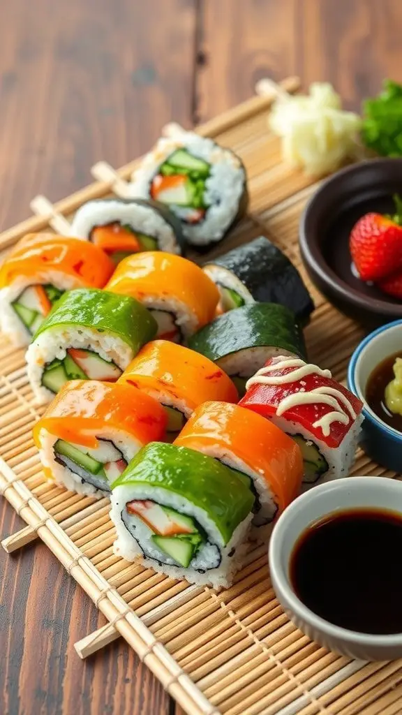 Colorful veggie sushi rolls on a bamboo mat with dipping sauces