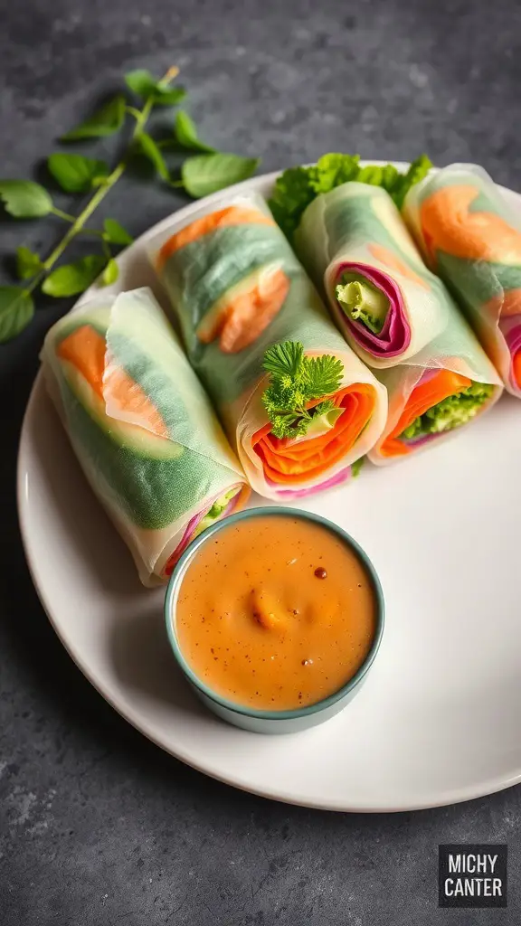A plate of colorful vegetable spring rolls with a small bowl of dipping sauce