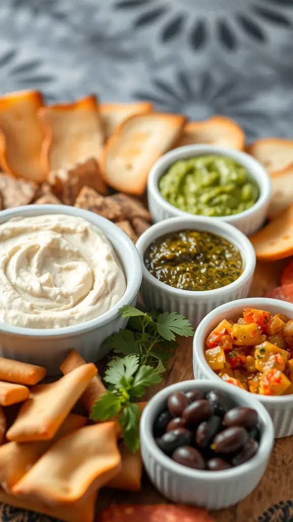 A variety of savory spreads and dips on a charcuterie board, including creamy dip, green dips, salsa, and olives.