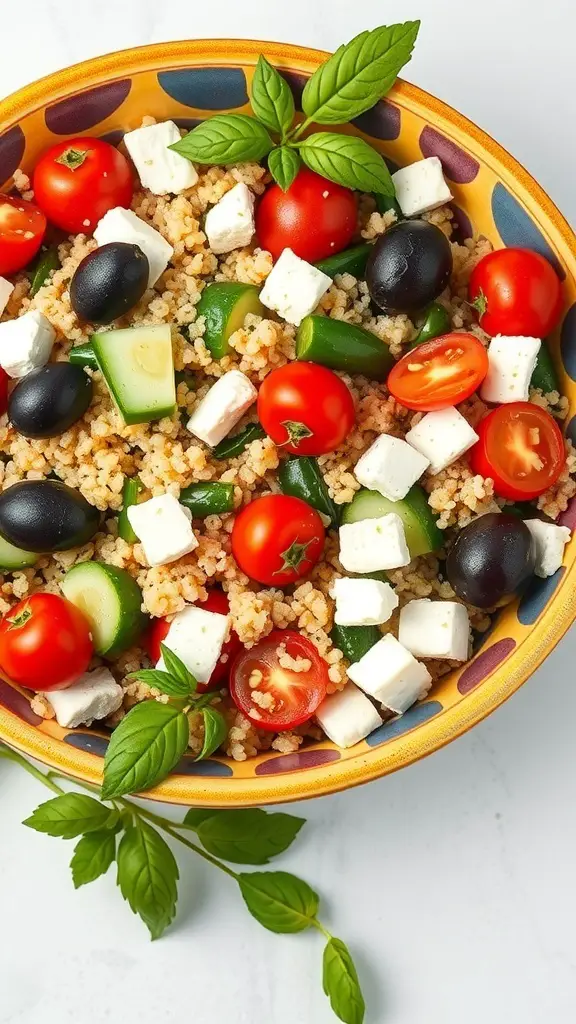 A colorful Mediterranean quinoa salad with tomatoes, cucumbers, olives, and feta cheese in a bowl.