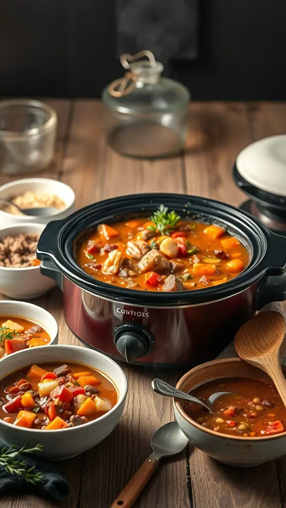 A slow cooker filled with a hearty soup, surrounded by bowls of soup and ingredients on a wooden table.