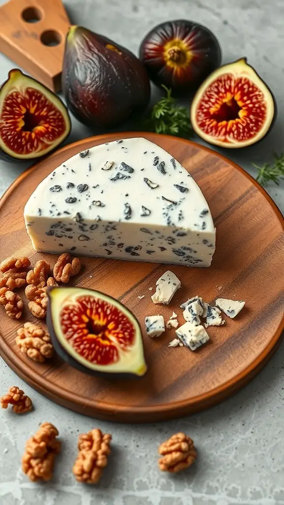 A wedge of cashew-based blue cheese on a wooden plate, surrounded by fresh figs and walnuts.