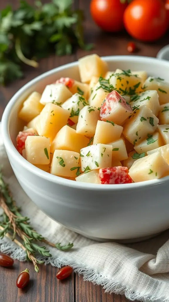 A bowl of classic potato salad with herbs and red peppers, garnished with fresh parsley.