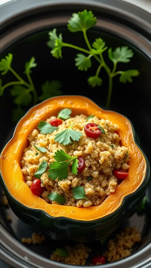 A beautifully stuffed acorn squash with quinoa, herbs, and cherry tomatoes, garnished with fresh cilantro.