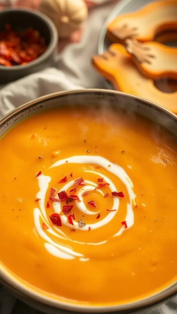 A bowl of spicy winter squash soup topped with sour cream and red pepper flakes, with a side of cookies.