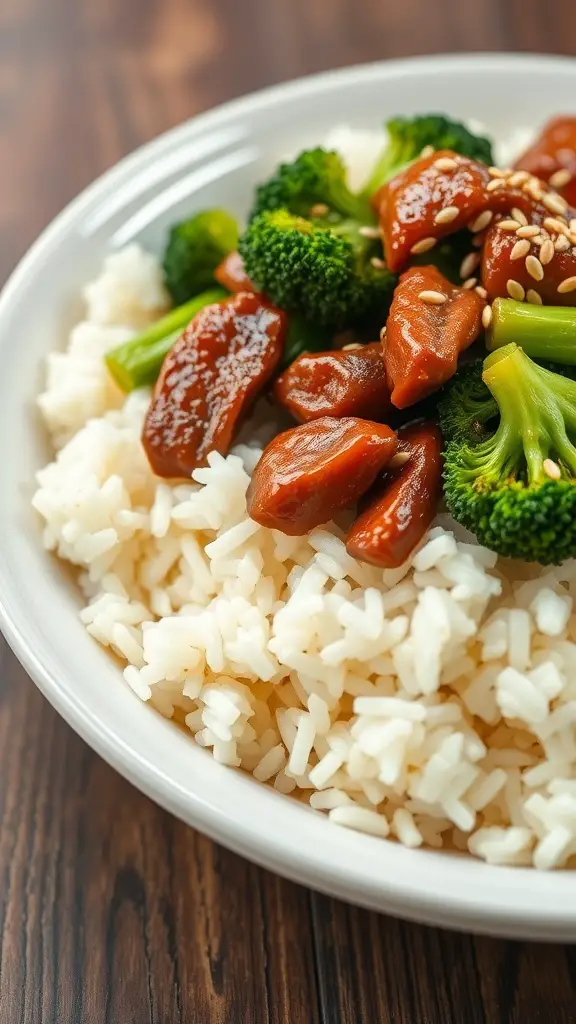 A bowl of beef and broccoli served over jasmine rice, showcasing vibrant colors and textures.