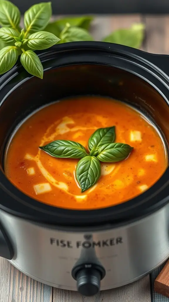 A mini crockpot filled with creamy tomato basil soup, garnished with fresh basil leaves.