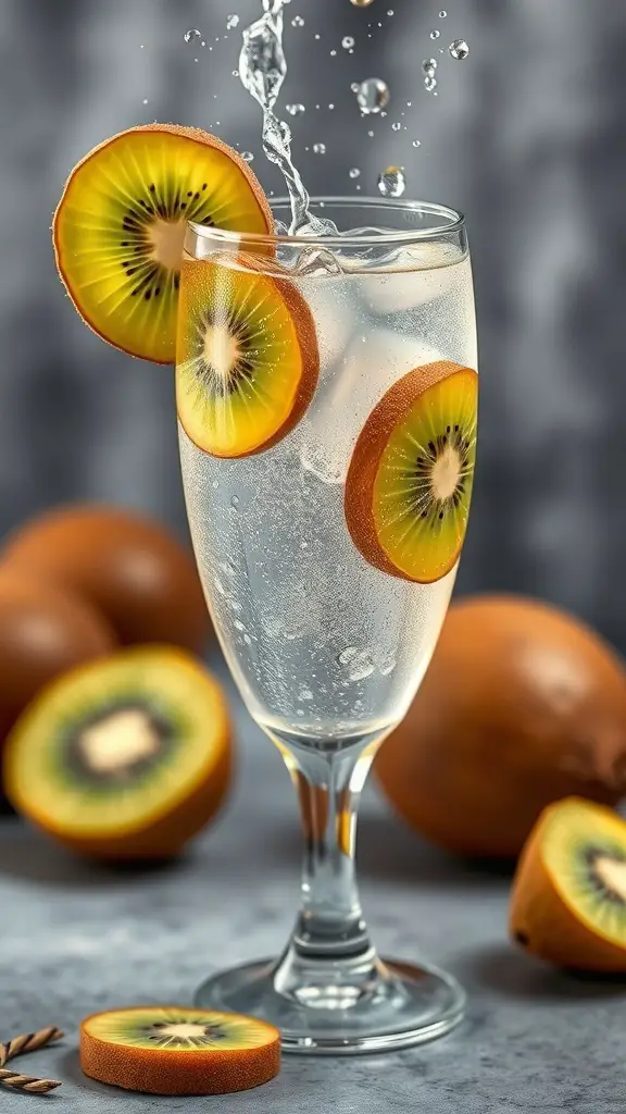 A glass of sparkling white sangria with kiwi slices, surrounded by whole kiwis.