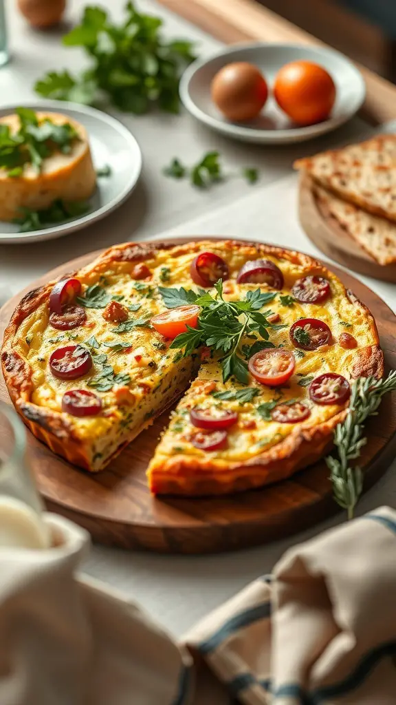 A delicious seasonal vegetable frittata with cherry tomatoes and herbs, served on a wooden board.