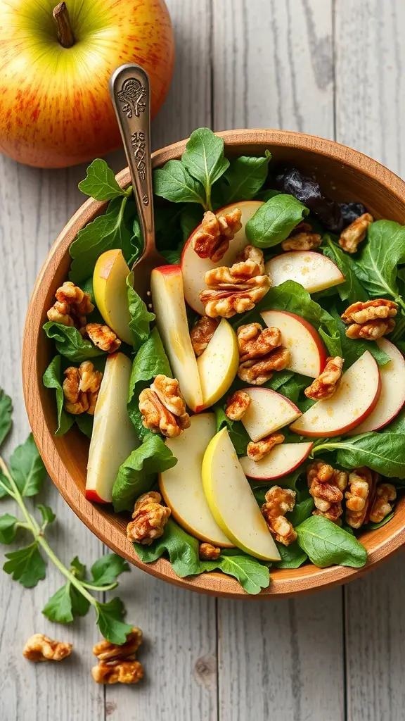 A bowl of apple and walnut salad with fresh greens, sliced apples, and walnuts.