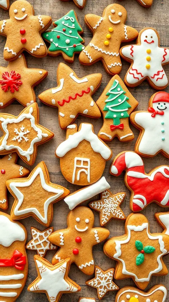 An assortment of colorful gingerbread cookies in various shapes and designs.