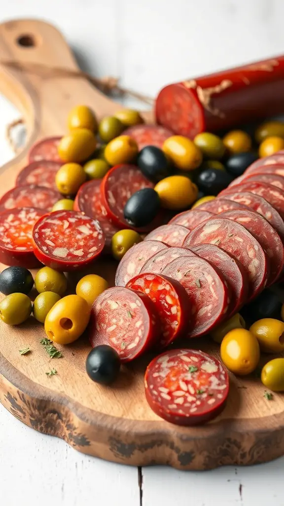 A charcuterie board featuring sliced chorizo and assorted olives on a wooden platter.