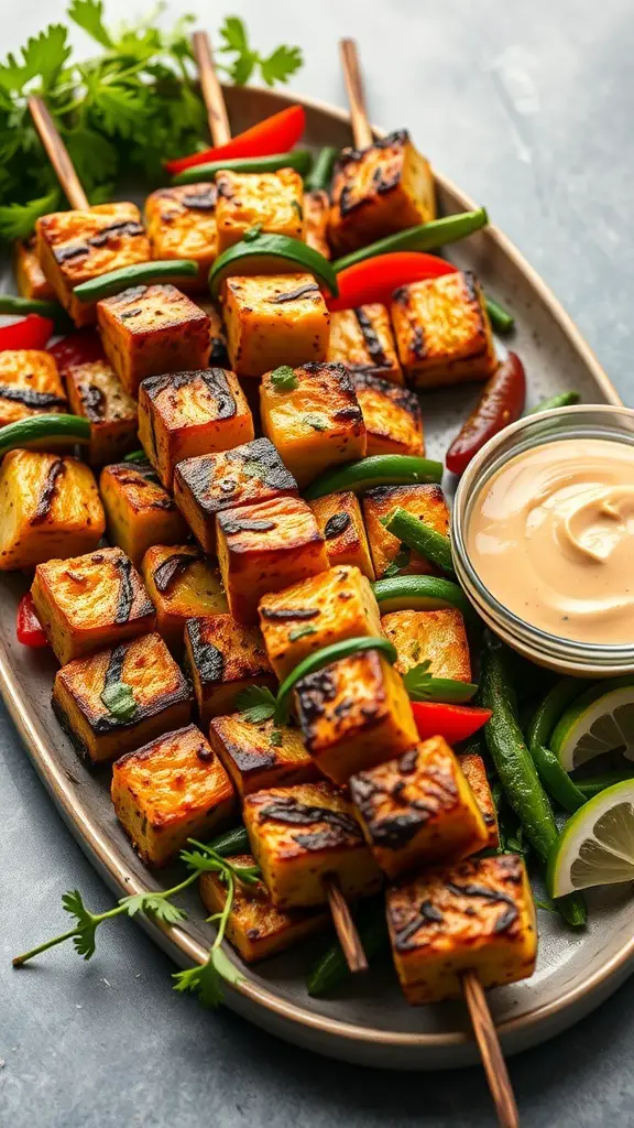 Grilled tempeh and vegetable skewers on a platter with a dipping sauce