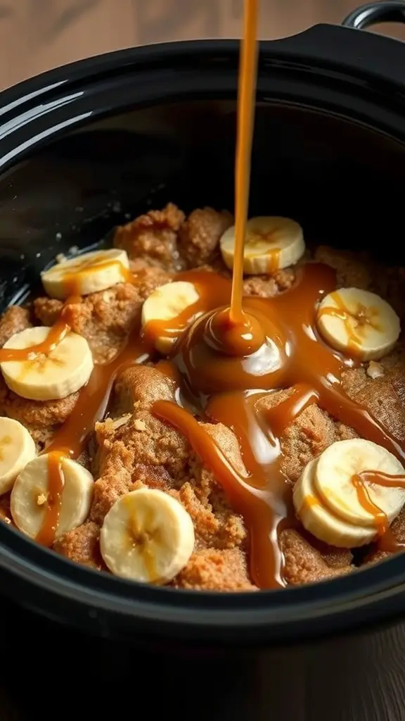 A slow cooker filled with banana bread pudding topped with banana slices and caramel sauce.