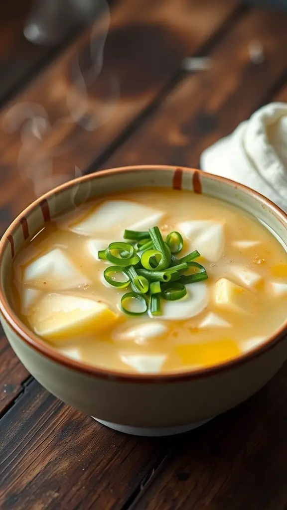 A bowl of egg drop soup with green onions on top