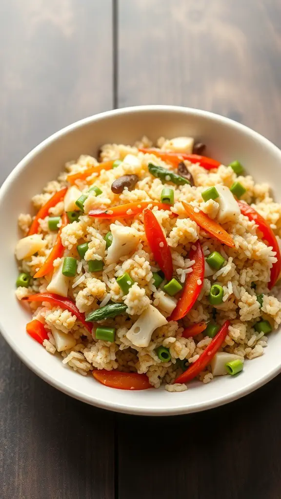 A bowl of cauliflower fried rice with colorful vegetables