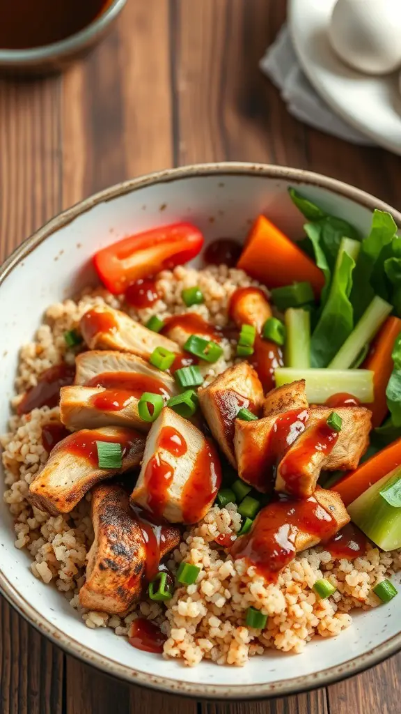 A colorful bowl of BBQ chicken and quinoa with fresh vegetables.