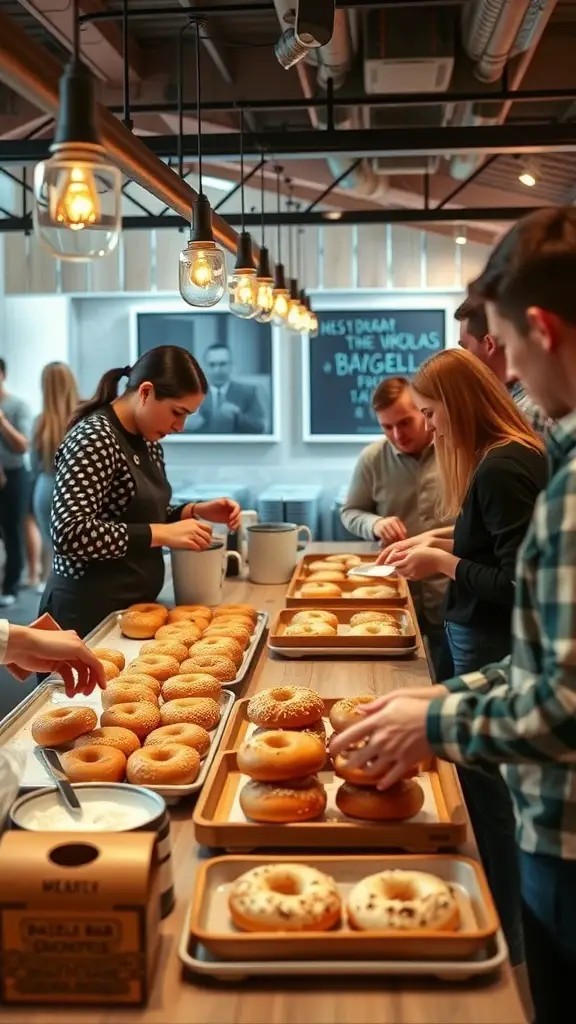 People enjoying an interactive bagel bar with various bagels and toppings.