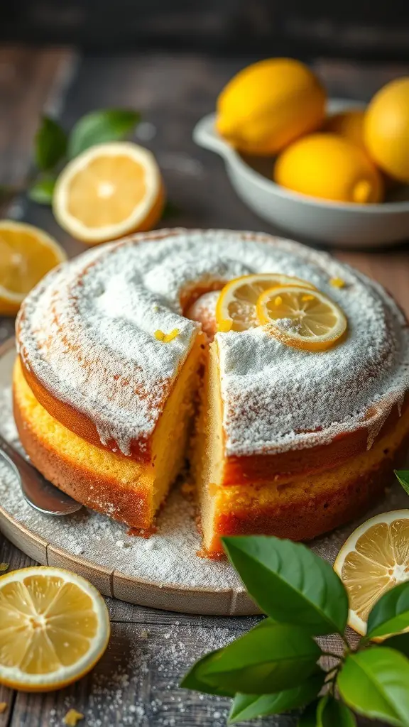 A lemon cake topped with powdered sugar and lemon slices, surrounded by fresh lemons.