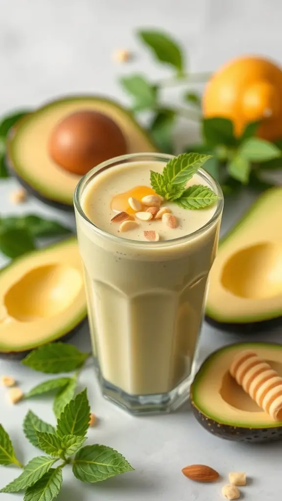 A creamy avocado smoothie garnished with mint leaves and nuts, surrounded by fresh avocados.