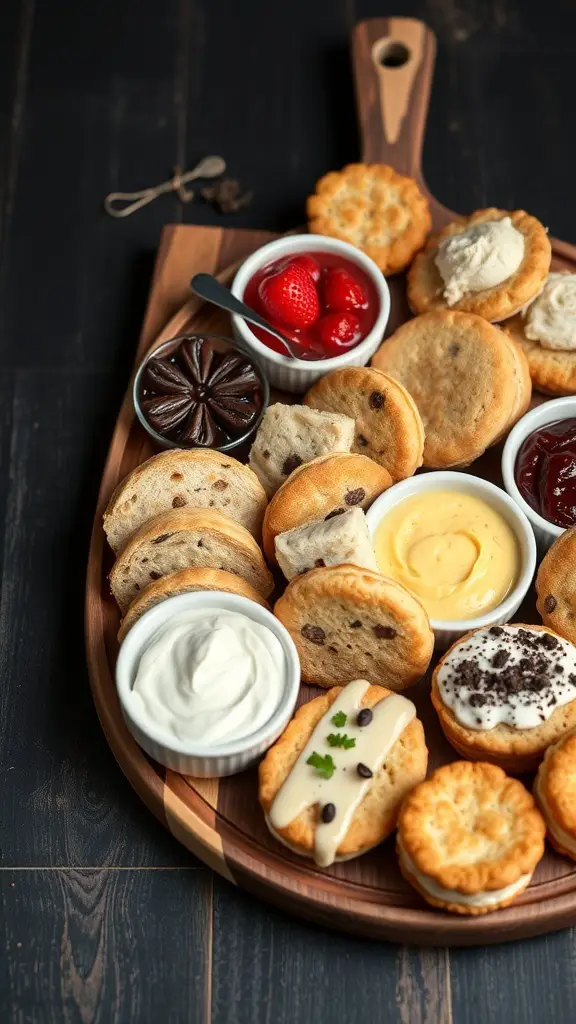 A wooden platter filled with a variety of sweet and savory biscuits, dips, and toppings.