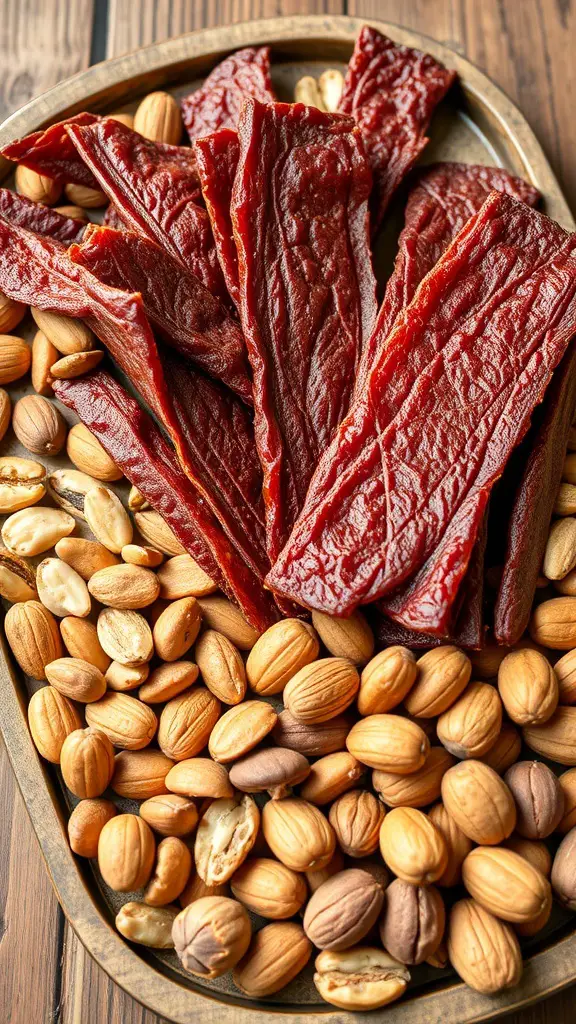 A platter featuring strips of peppered beef jerky surrounded by a variety of nuts.