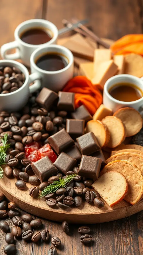 A chocolate charcuterie board featuring coffee, chocolates, and snacks.