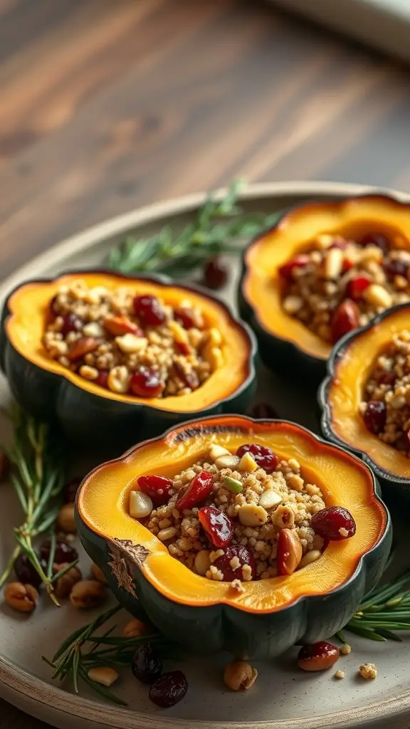 Stuffed acorn squash filled with quinoa, nuts, and dried fruits on a wooden table