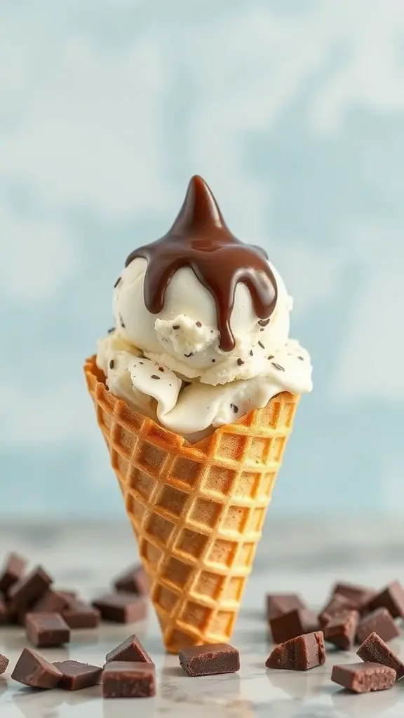 A waffle cone filled with ice cream, topped with chocolate sauce, surrounded by chocolate chunks.